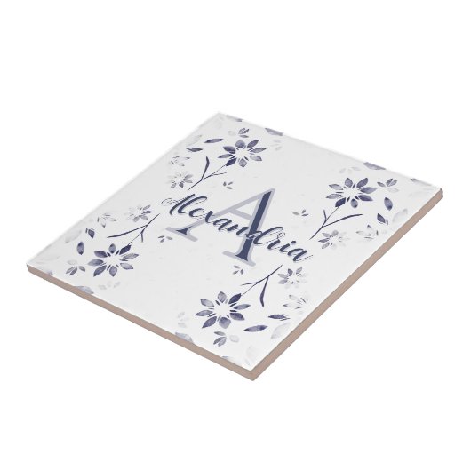 Blue Floral Personalized Monogram Name Tegeltje (Zijkant)