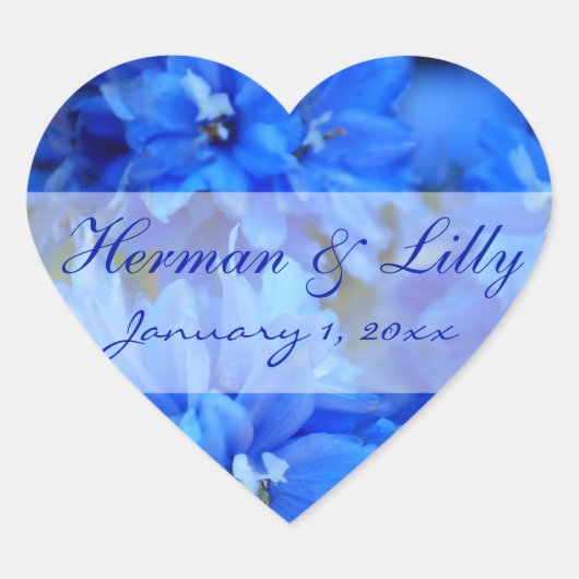 Blue Floral Personalized Wedding Hart Sticker (Voorkant)