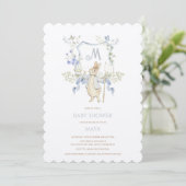 Blue Floral Peter de Konijn Monogram Baby shower Kaart (Staand voorkant)