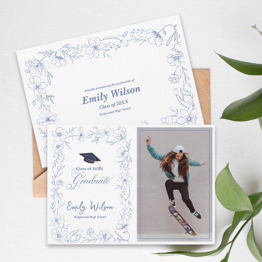 Blue Floral Photo 2026 Graduation Announcement