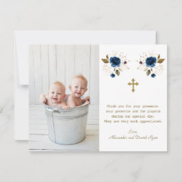 Blue Floral Photo Boys Twins Gold Cross Baptisme Bedankkaart