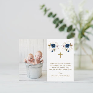 Blue Floral Photo Boys Twins Gold Cross Baptisme Bedankkaart