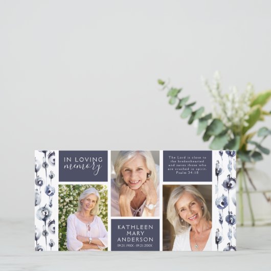 Blue Floral Photo Collage Funeral Sympathie Bedankkaart (Staand voorkant)