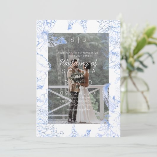 Blue Floral Photo Modern Wedding  Kaart (Staand voorkant)