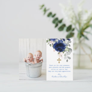 Blue Floral Photo Twins Gold Cross Baptisme Bedankkaart