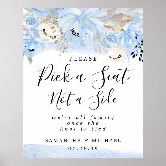 Blue Floral Pick A Seat Not Side Weddenschap Poster (Voorkant)