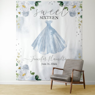 Blue Floral Pink Dress Sweet 16 Backdrop Wandkleed
