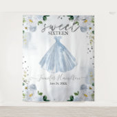 Blue Floral Pink Dress Sweet 16 Backdrop Wandkleed (Voorkant)
