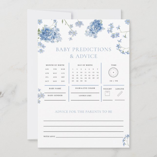 Blue Floral Predictions Advies Baby shower spel (Voorkant)