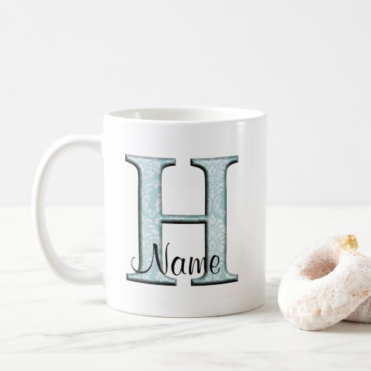 Blue Floral Print H monogram initialen Koffie Mok (Met donut)
