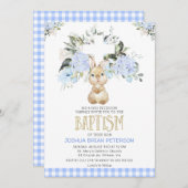 Blue Floral Pset Bunny Rabbit Baptism Invitation Kaart (Voorkant / Achterkant)