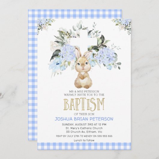 Blue Floral Pset Bunny Rabbit Baptism Invitation Kaart (Voorkant / Achterkant)