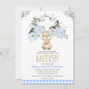 Blue Floral Pset Bunny Rabbit Baptism Invitation Kaart