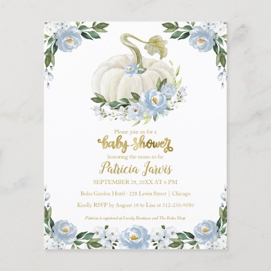 Blue Floral Pumpkin Baby shower Budget Invitation (Voorkant)