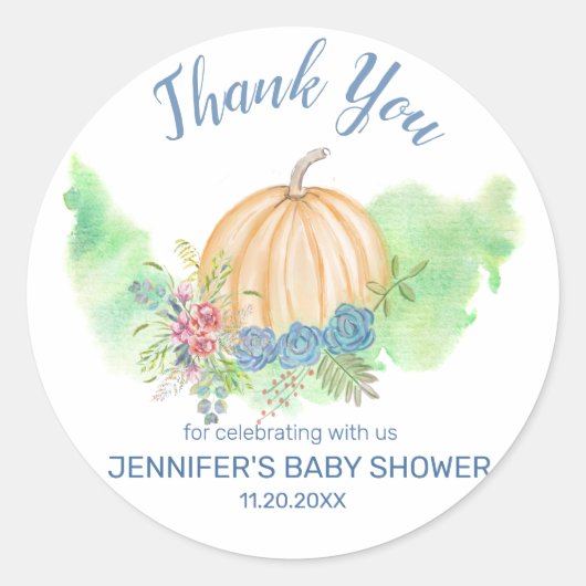 Blue Floral Pumpkin Baby shower Dank u Ronde Sticker (Voorkant)