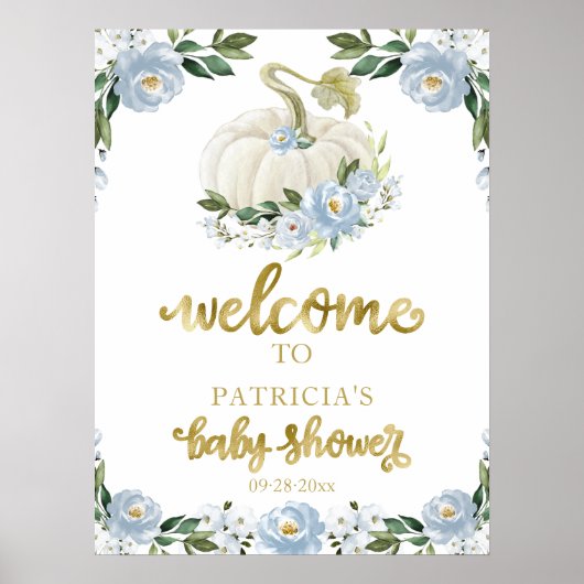 Blue Floral Pumpkin Herfst Baby shower Welkomsttek Poster (Voorkant)