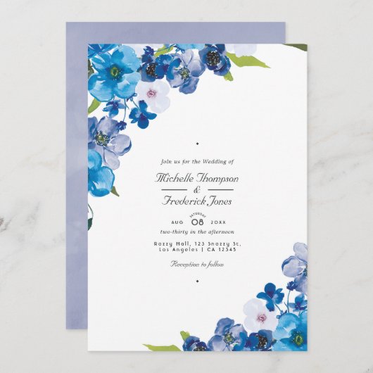 Blue Floral QR Code RSVP Garden Weddenschap Invita Kaart (Voorkant / Achterkant)