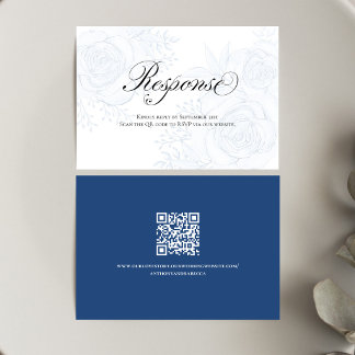 Blue Floral QR Code Wedding RSVP Calligraphy Kaartje