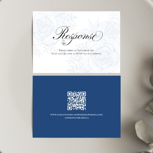 Blue Floral QR Code Wedding RSVP Calligraphy Kaartje
