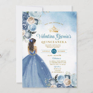 Blue Floral Quinceañera 15 Anos Gouden Kroon Glitt Kaart
