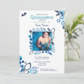Blue Floral Quinceañera Kaart (Staand voorkant)