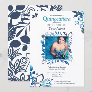 Blue Floral Quinceañera Kaart