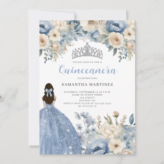 Blue Floral Quinceañera Kaart (Voorkant)