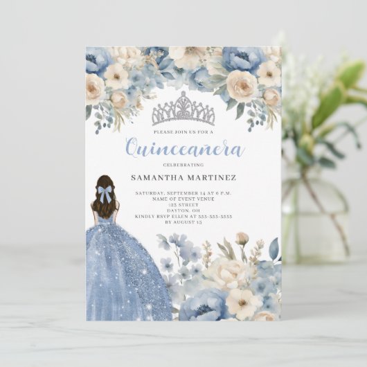 Blue Floral Quinceañera Kaart (Staand voorkant)