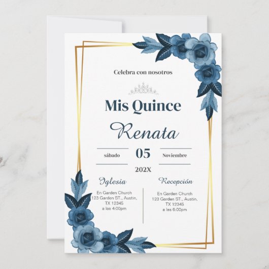 Blue Floral Quinceañera Spanish  Kaart (Voorkant)
