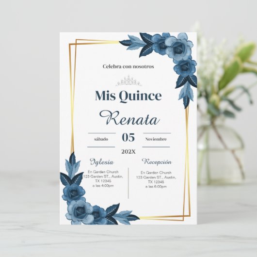 Blue Floral Quinceañera Spanish  Kaart (Staand voorkant)