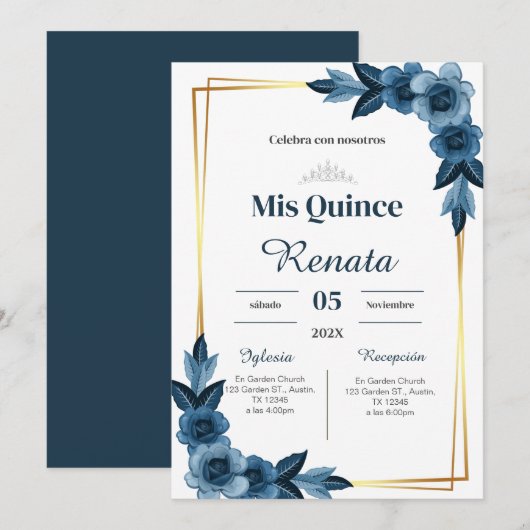 Blue Floral Quinceañera Spanish  Kaart (Voorkant / Achterkant)