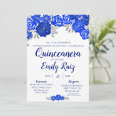 Blue Floral Quinceañera Uitnodiging in het Spaans (Staand voorkant)