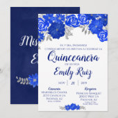 Blue Floral Quinceañera Uitnodiging in het Spaans (Voorkant / Achterkant)