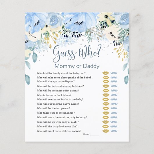 Blue Floral raad wie Baby shower speelt fat paper (Voorkant)