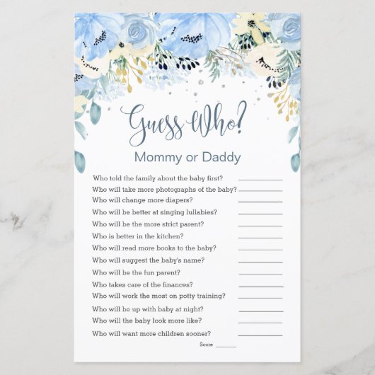 Blue Floral raad wie Baby shower speelt fat paper (Voorkant)