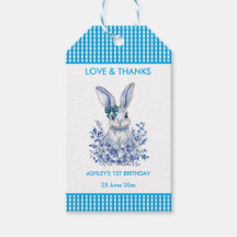 Blue Floral Rabbit 1st Birthday Party Gift Label