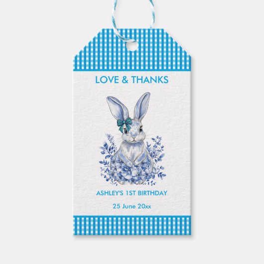 Blue Floral Rabbit 1st Birthday Party Gift Label Cadeaulabel (Voorkant)
