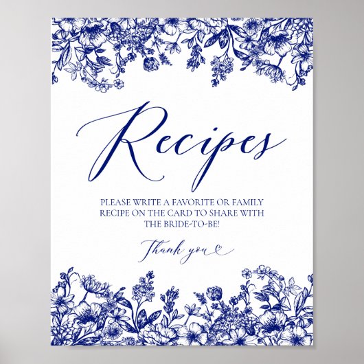 Blue Floral Recipe Kaarten Sign Laat je recept ach Poster (Voorkant)
