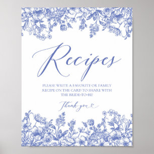 Blue Floral Recipe Kaarten Sign Laat je recept ach Poster