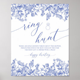 Blue Floral Ring Hunt Vrijgezellenfeest Game Sign Poster