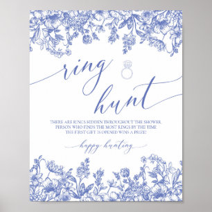 Blue Floral Ring Hunt Vrijgezellenfeest Game Sign Poster