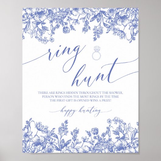 Blue Floral Ring Hunt Vrijgezellenfeest Game Sign Poster (Voorkant)