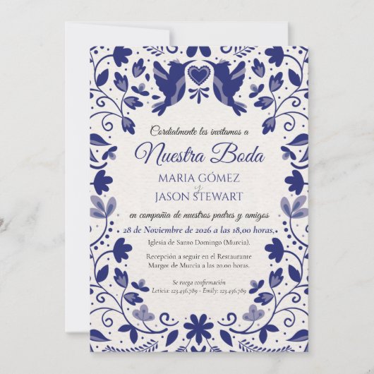 Blue Floral Romantic Aesthetic Spanish Wedding Kaart (Voorkant)