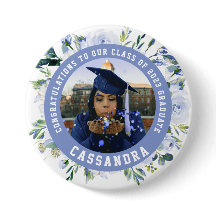 Blue Floral Roos Afstuderen Foto Button