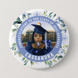 Blue Floral Roos Afstuderen Foto Button