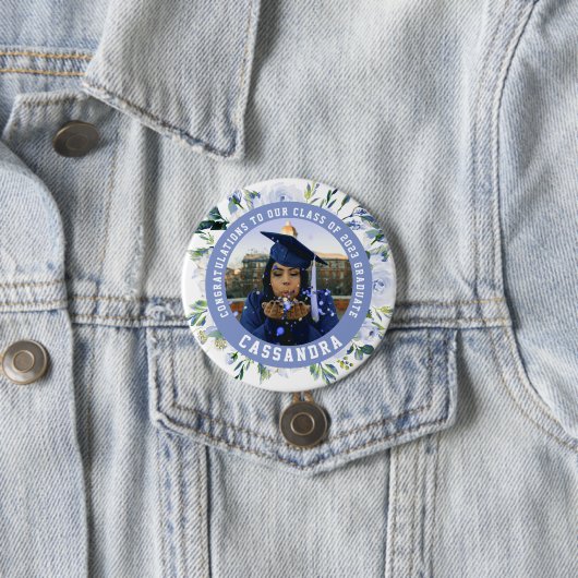 Blue Floral Roos Afstuderen Foto Button (In situ)