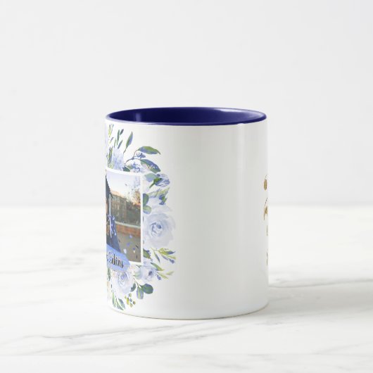 Blue Floral Roos Afstuderen gepersonaliseerde foto Mok (Midden)