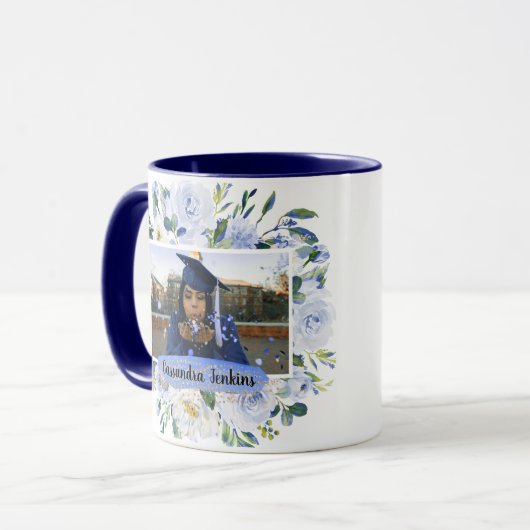 Blue Floral Roos Afstuderen gepersonaliseerde foto Mok (Voorkant links)