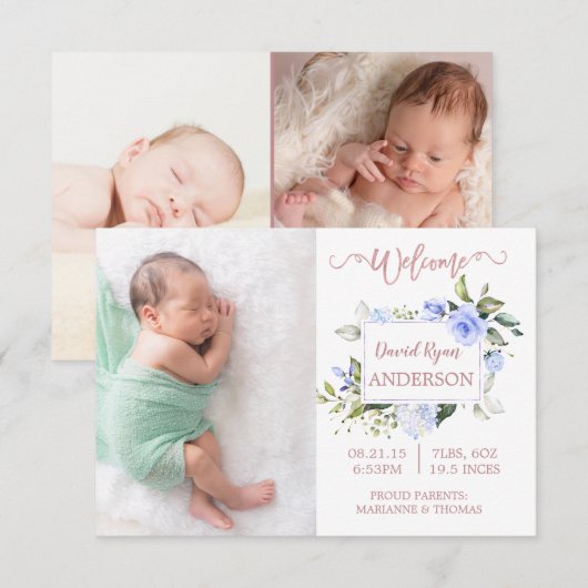 Blue Floral Roos Gold Boy Fotoaankondiging Aankondiging (Voorkant / Achterkant)