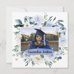 Blue Floral Roos Graduation Party Aankondiging